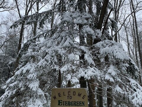 Evergreen Cabins snow winter sign